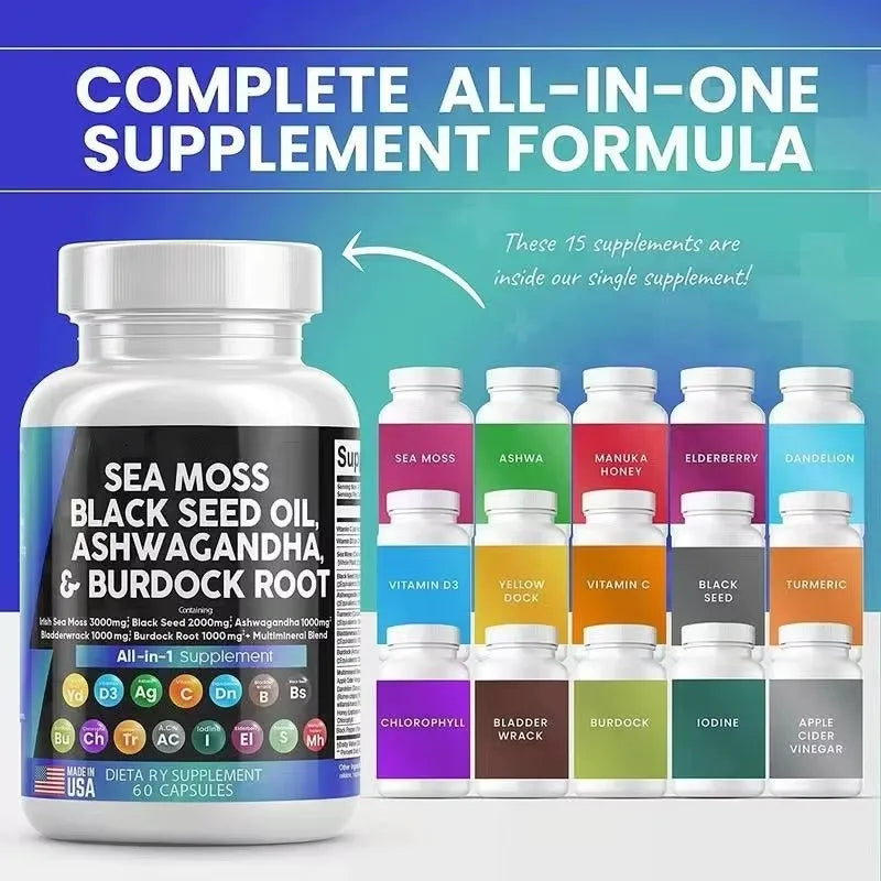 Sea Moss 3000mg Black Seed Oil Capsules Ashwagandha SHILAJIT Ginseng Chlorophyll for Women & Men Boosting Bone Skin Health