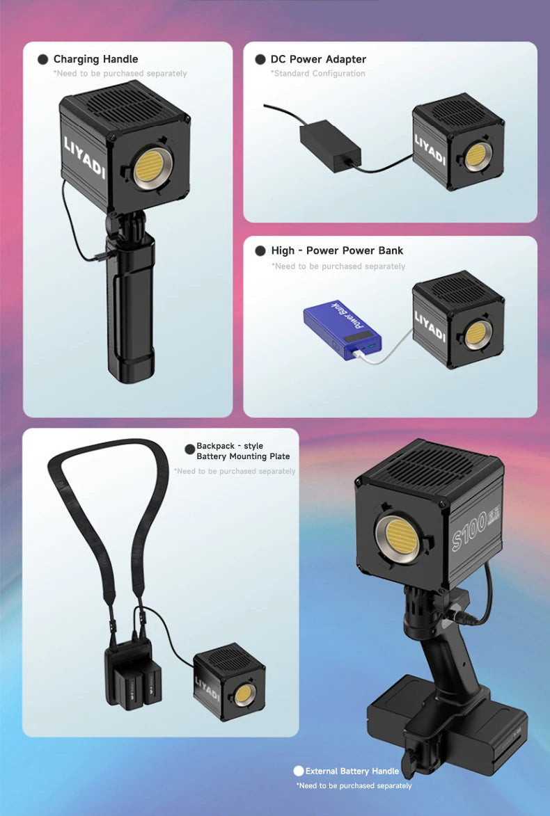 Black square LED video light shown with various power accessories, including handles, adapters, and battery mounts.
