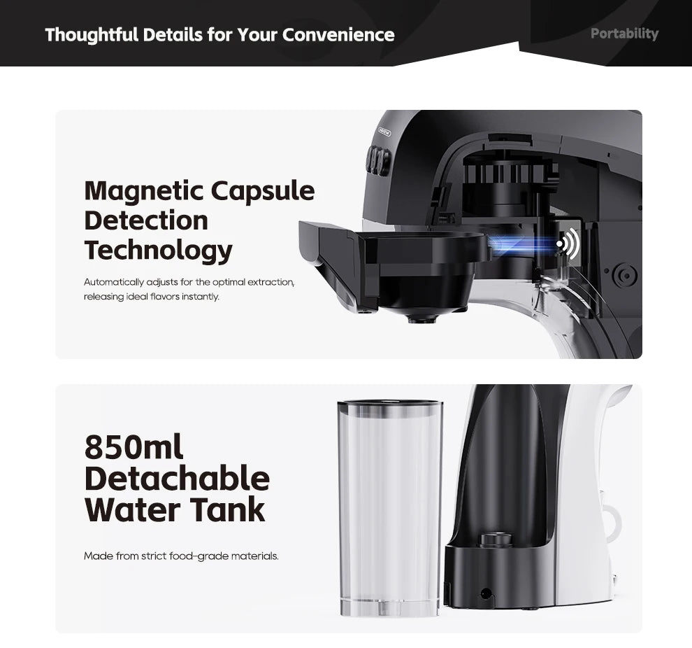 Black and white portable capsule coffee maker with magnetic detection and 850ml detachable food-grade water tank.