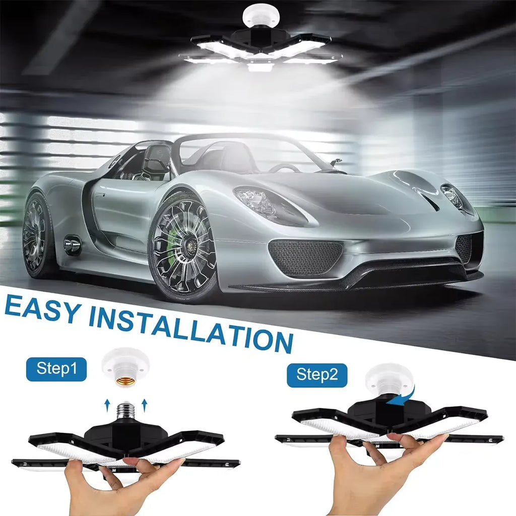 LED garage ceiling light above, five-panel star fixture with E26/E27 socket base