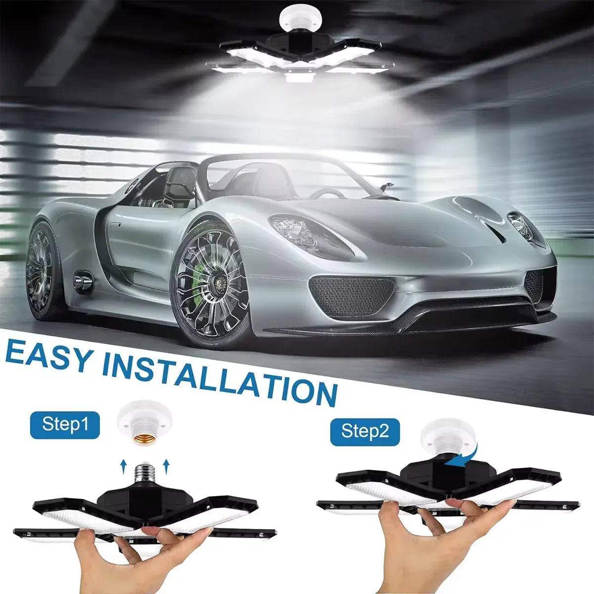LED garage ceiling light above, five-panel star fixture with E26/E27 socket base