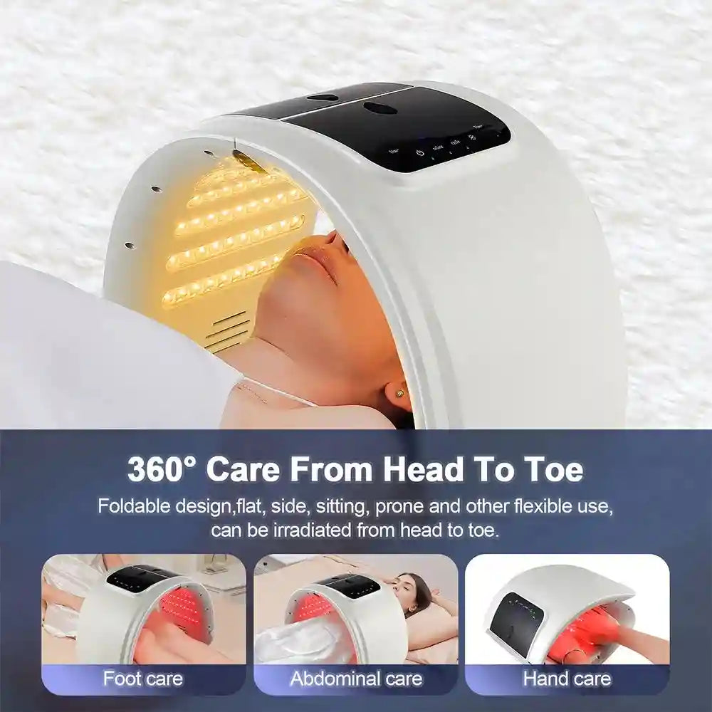 White, arch-shaped LED light therapy machine for full-body skin rejuvenation, showing facial, foot, and hand treatment.