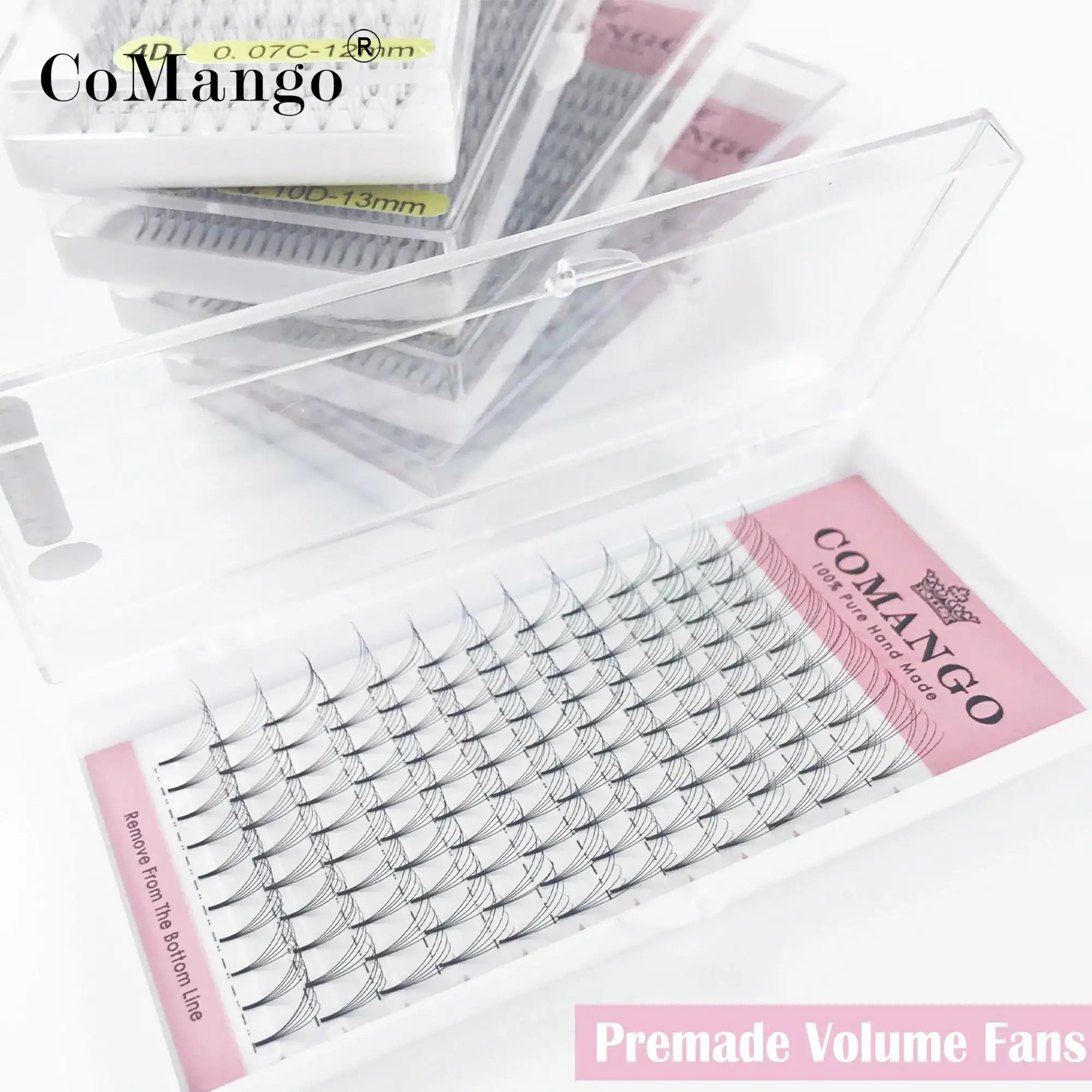 Stack of CoMango brand clear plastic cases containing black faux mink premade volume lash extension fans.