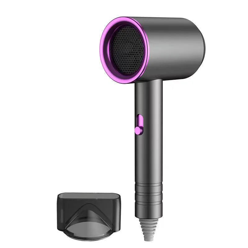Grey and purple high-power negative ion hair dryer with nozzle attachment for silent, quick-dry home hair care.