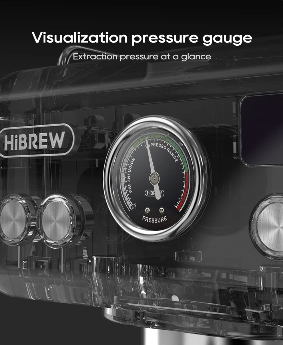 HiBREW espresso machine close-up featuring a round analog pressure gauge on a black, semi-transparent housing.