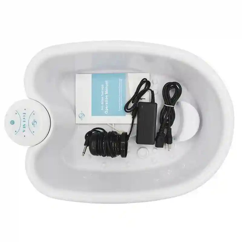 White ionic detox foot spa bath machine with black array, power adapter, and manual for home health therapy massage.