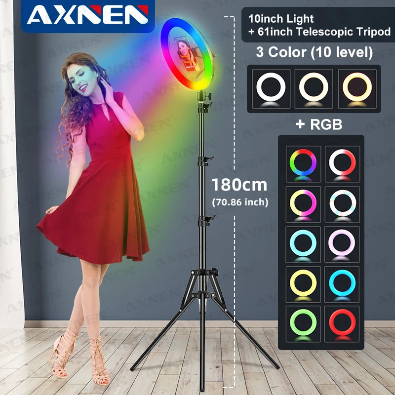 10-inch LED ring light with phone holder on a 61-inch telescopic tripod for photography and video lighting.
