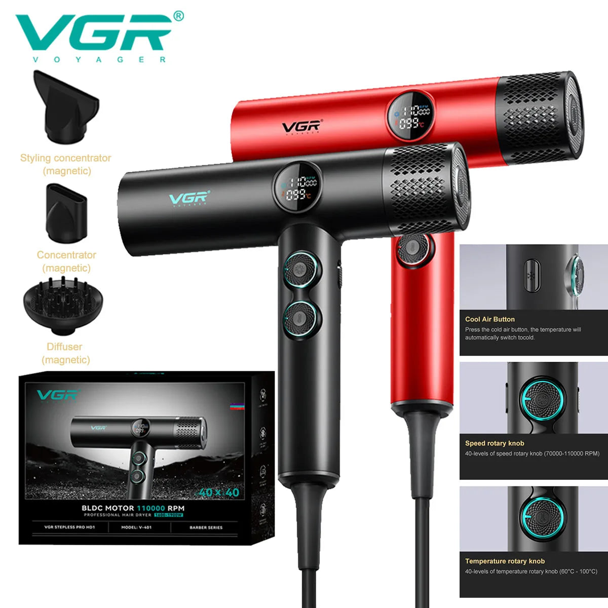 VGR V-401 professional BLDC hair dryer with magnetic attachments, digital display, red/black colors, and rotary knobs.