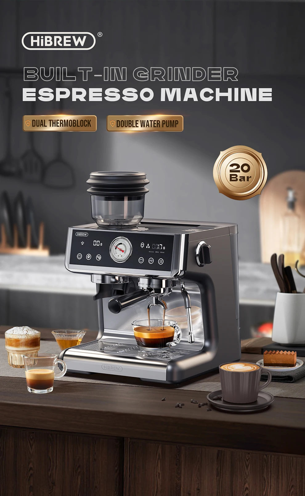 HiBREW 20-bar espresso machine with built-in grinder, stainless steel and black finish, digital display and gauge.