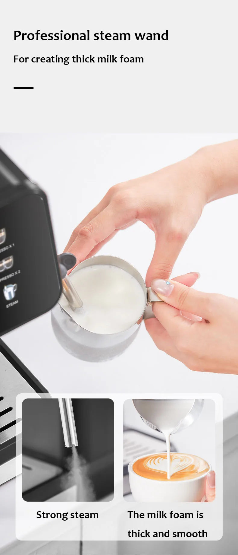 Espresso machine with professional stainless steel steam wand frothing milk in a silver pitcher for latte art.