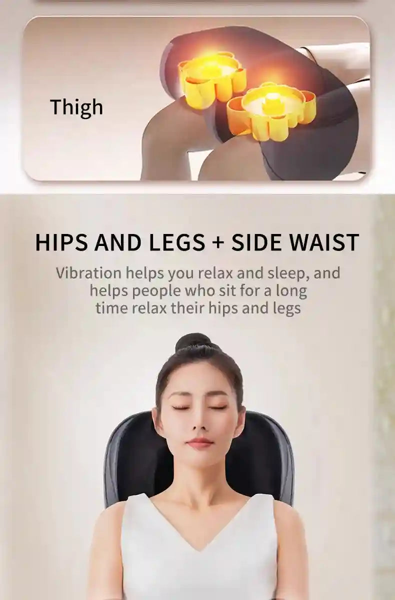 A woman sitting in a black massage chair pad, with an inset showing illuminated yellow vibrating thigh massagers.