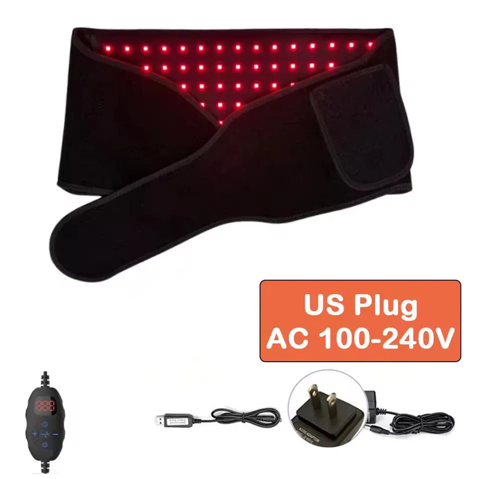 Red light therapy belt with LED wrap, timer controller, and US plug power adapter for back and waist pain relief.