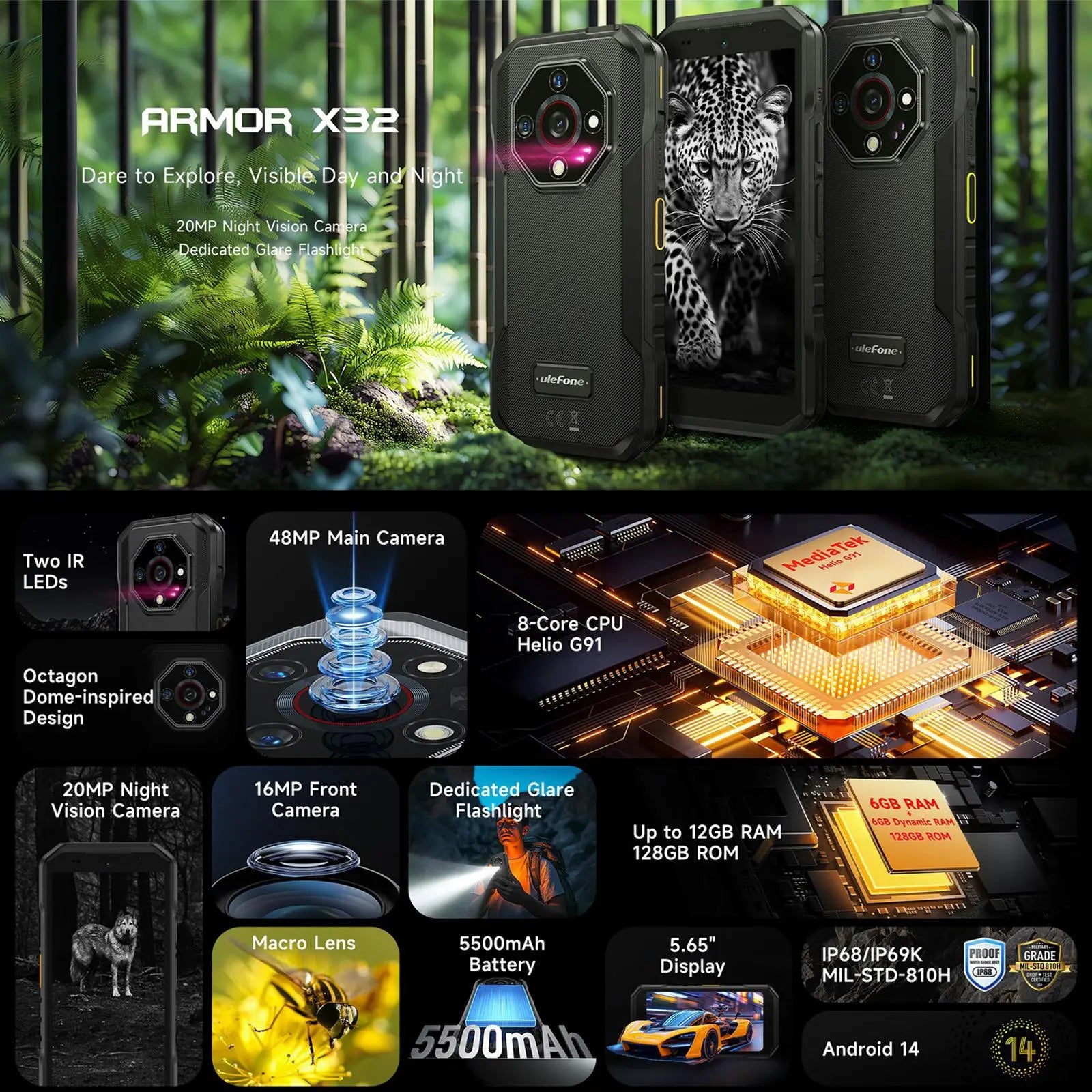 Ulefone Armor X32 Rugged Phone 6GB+128GB Night Vision 5.65 inch Global Version Android 14 MediaTek Helio G91 4G NFC Smartphone