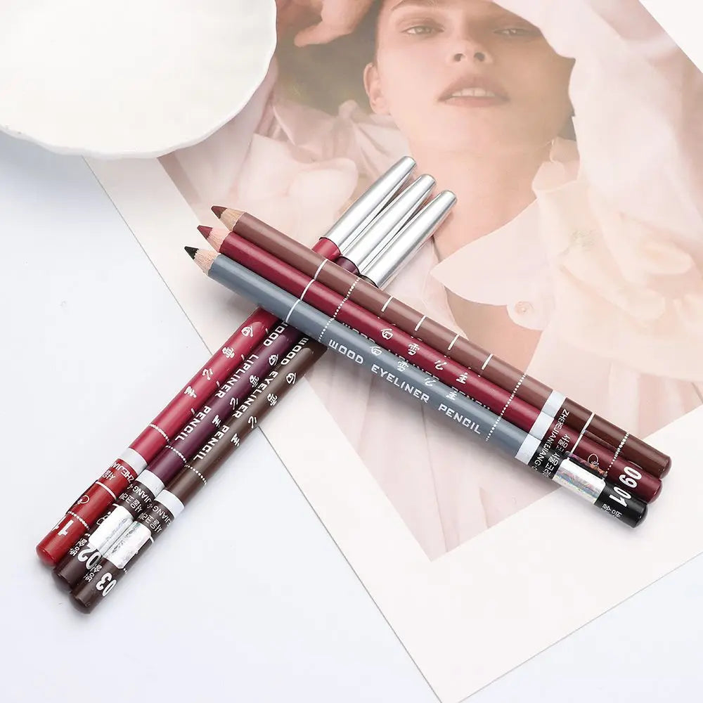 Set of waterproof wood lip liner and eyeliner pencils in various shades of red, brown, and grey.