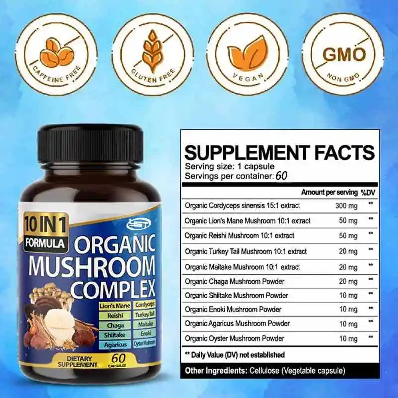 10 In 1 High-strength Mushroom Supplement: Lion Mane, Cordyceps Sinensis,ganoderma Lucidum - Memory And Focused Brain Supplement