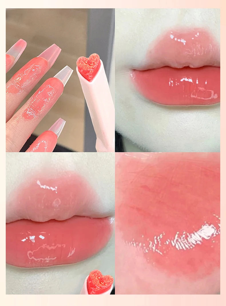 Gege Bear heart-shaped lipstick with a glossy, moisturizing jelly finish in a pink coral shade for mirror-shine lips.