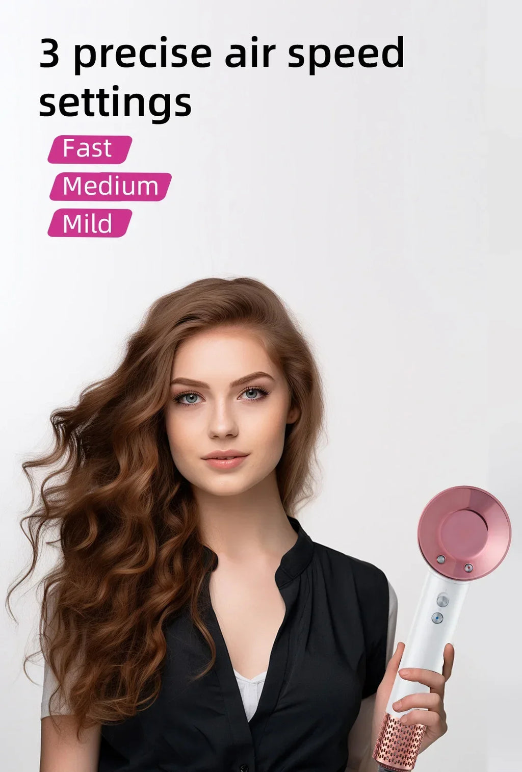 Rose gold & white high-speed ionic hair dryer with 3 speed settings for professional, salon-quality hair drying.