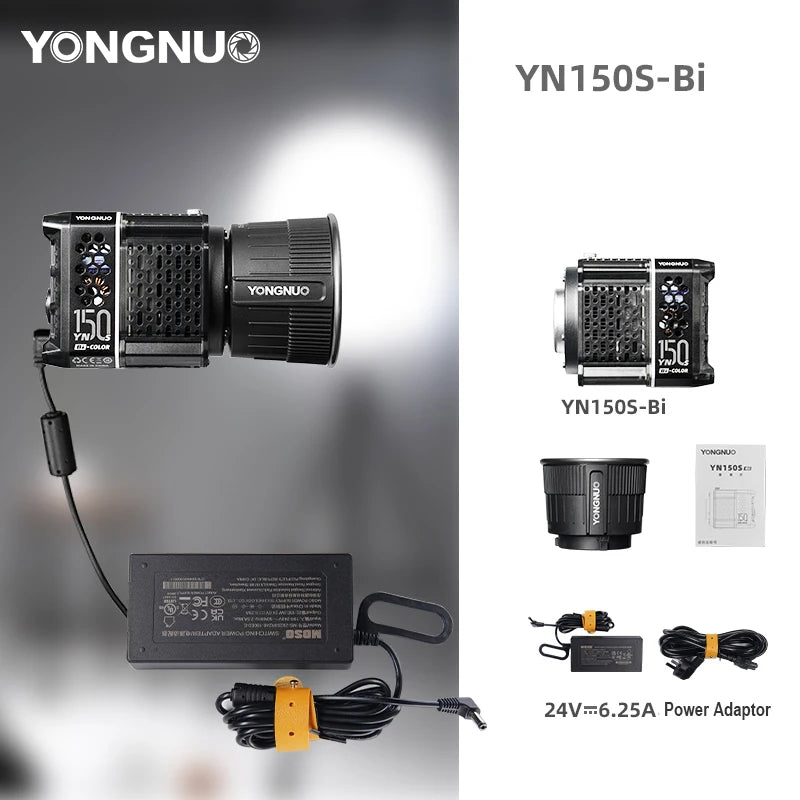YN150S-Bi black LED video light with reflector, power adapter, and cables for professional photography lighting.