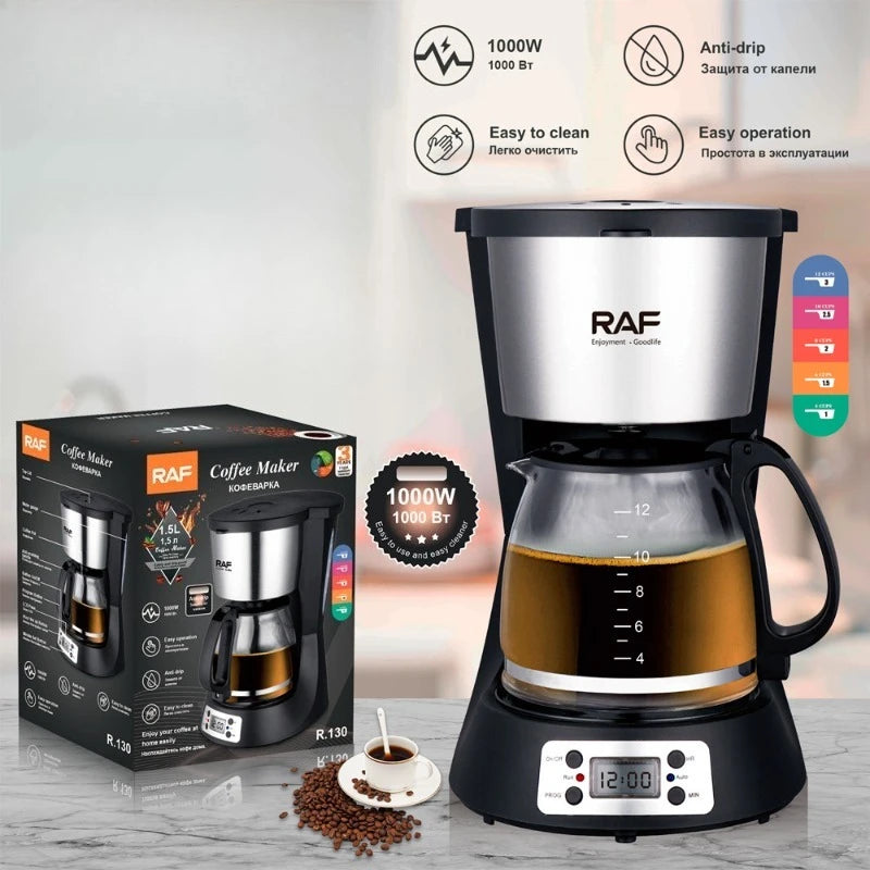 RAF 1000W digital coffee maker with 1.5L glass carafe, black and stainless steel finish, with programmable timer.