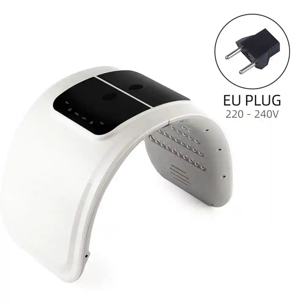 White arch-shaped PDT LED face mask with control panel and EU power plug, used for light therapy.