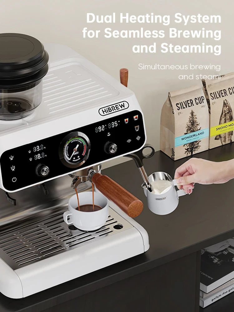 HiBREW white espresso machine with wood handle, digital display, pressure gauge, and milk frothing wand in action.