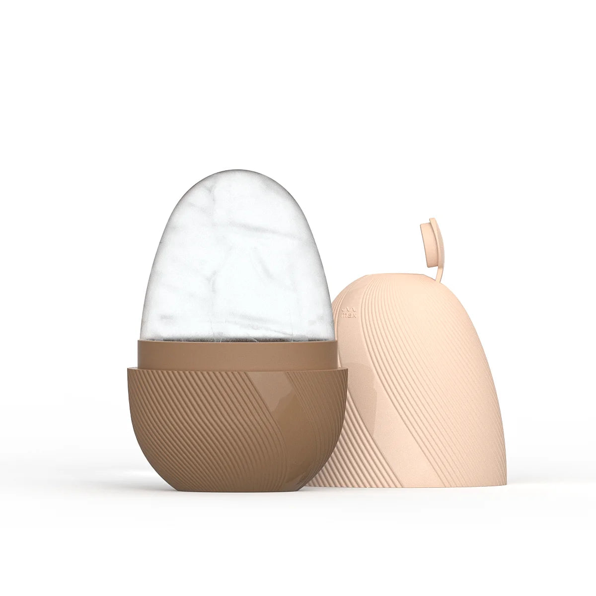 Egg-shaped ice face roller with a brown base and a detached light pink textured cap, set against a white background.