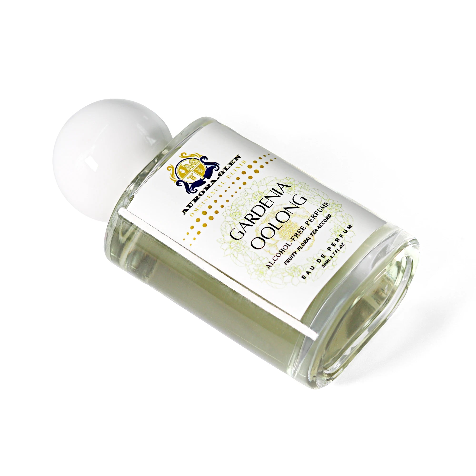Gardenia Oolong alcohol-free perfume in a clear glass bottle with a white round cap and floral tea label.