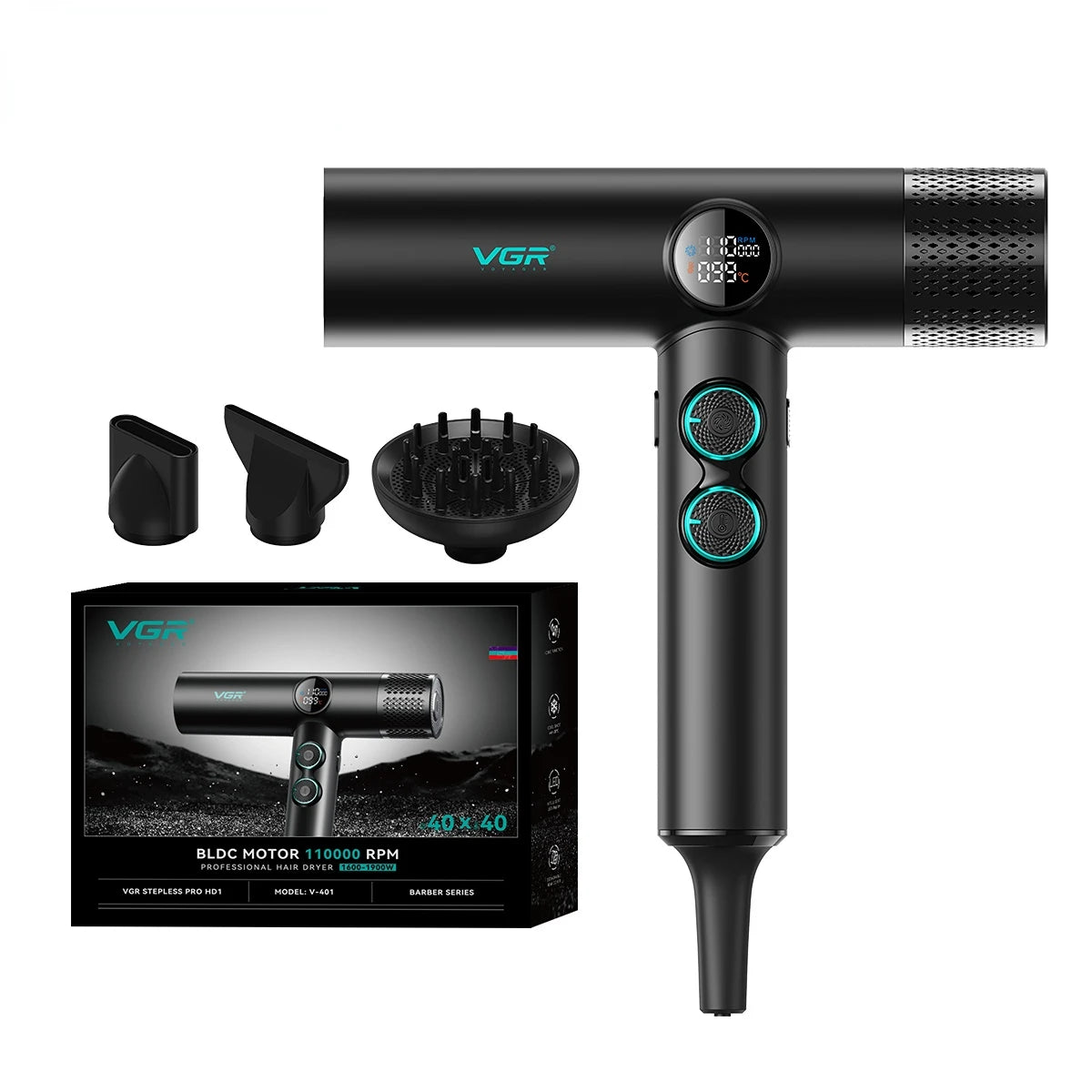 Black VGR V-401 professional hair dryer with 110k RPM BLDC motor, digital display, and 3 styling attachments.