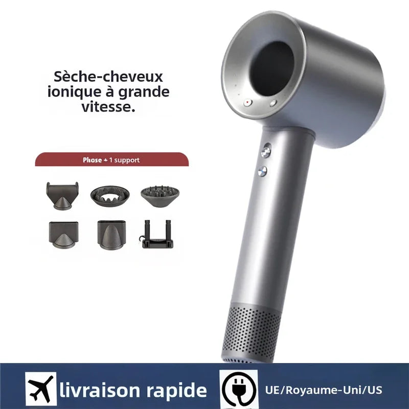 Silver high-speed bladeless negative ion hair dryer with 5 magnetic styling attachments for fast, quiet hair drying.