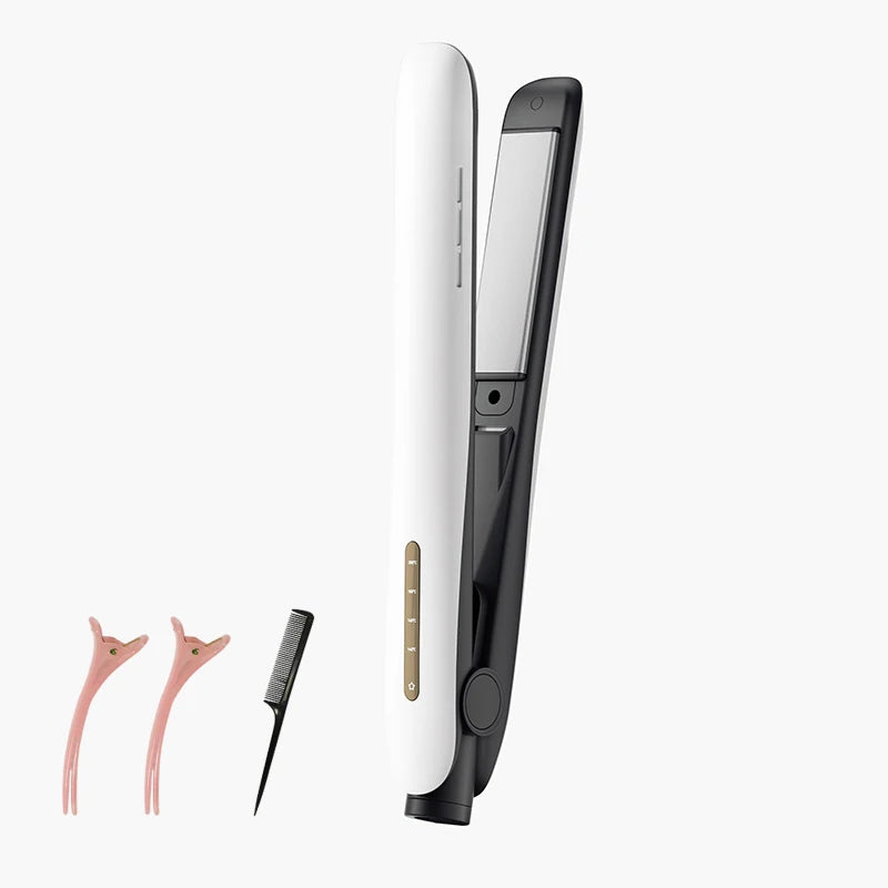 White 2-in-1 ionic hair straightener and curler with 4-temp control, styling comb, and pink hair clips for travel.