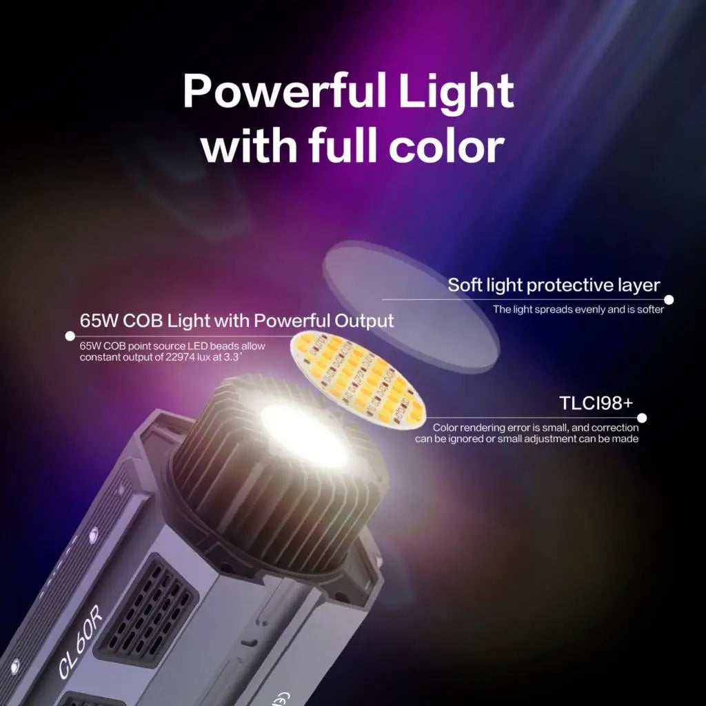 CL60R 65W COB LED video light with a grey metal housing, cooling fins, and a soft light protective diffuser layer.