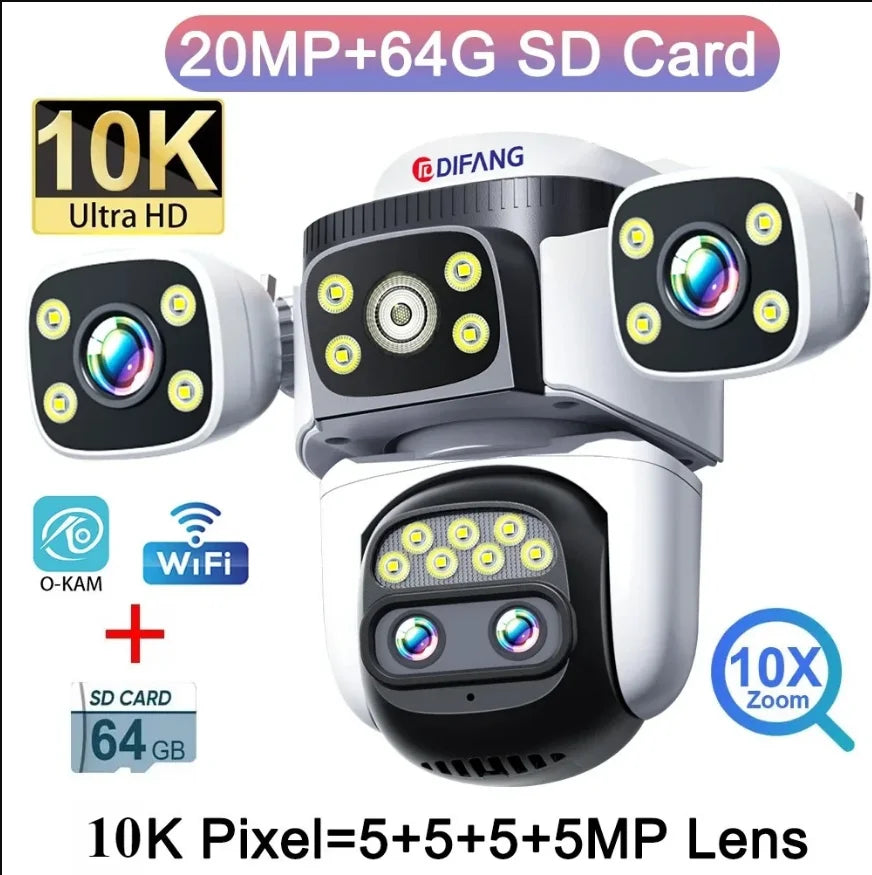 10K Outdoor 10X Optics Zoom WiFi6 Camera 20MP Three screen Four Len PTZ Automatic Tracking 6K Dual Lens Waterproof Security CCTV