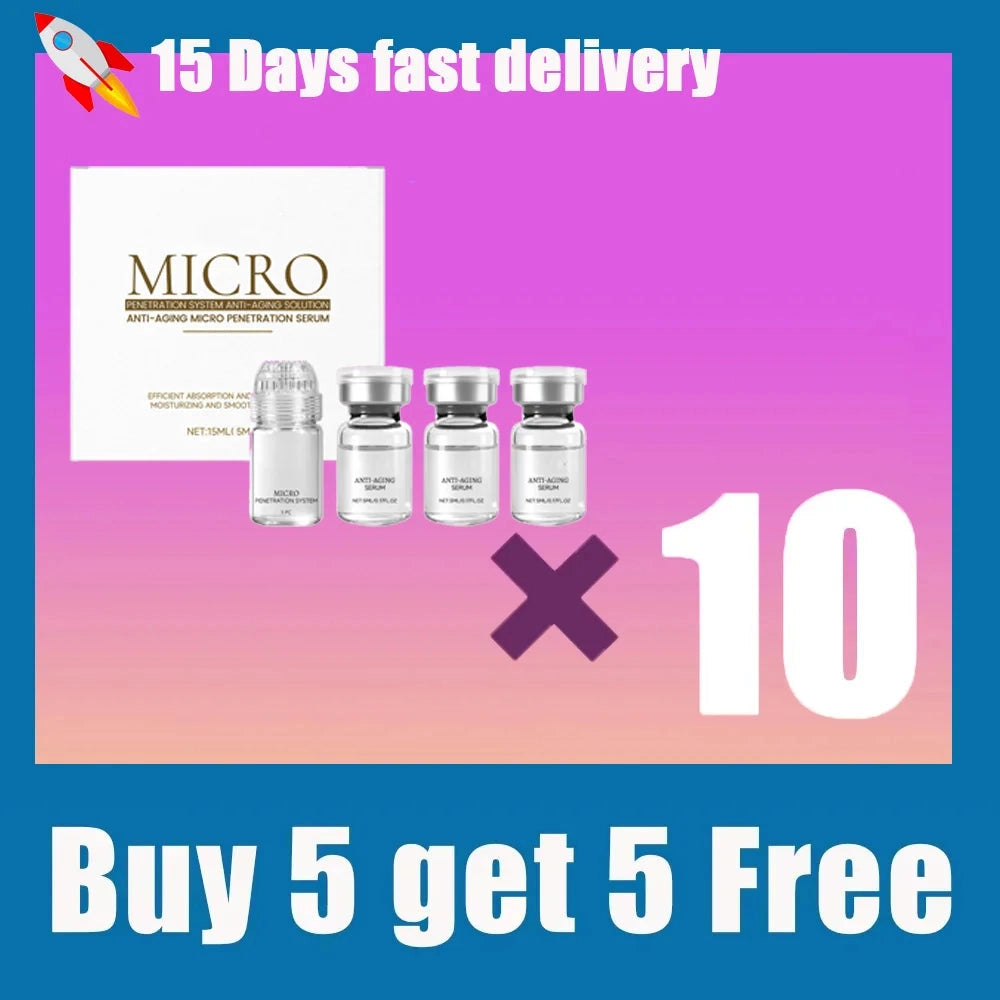 Micro Anti-Aging Essence 10-piece serum set, hydrating collagen face treatment in glass dropper vials for skin firming.