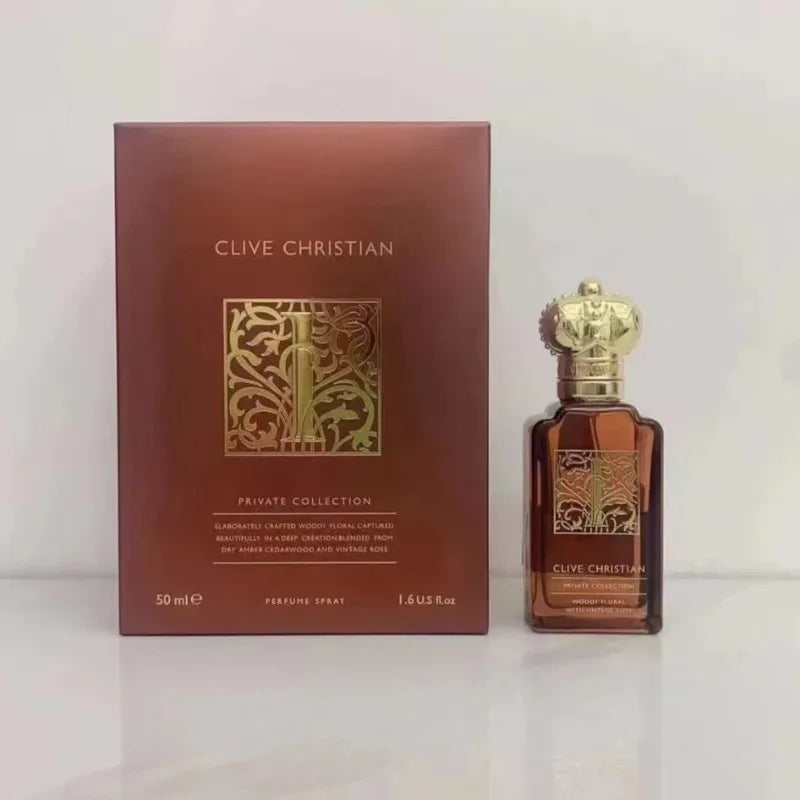 Clive Christian Private Collection perfume spray. 50ml amber glass bottle with gold crown cap and matching box.