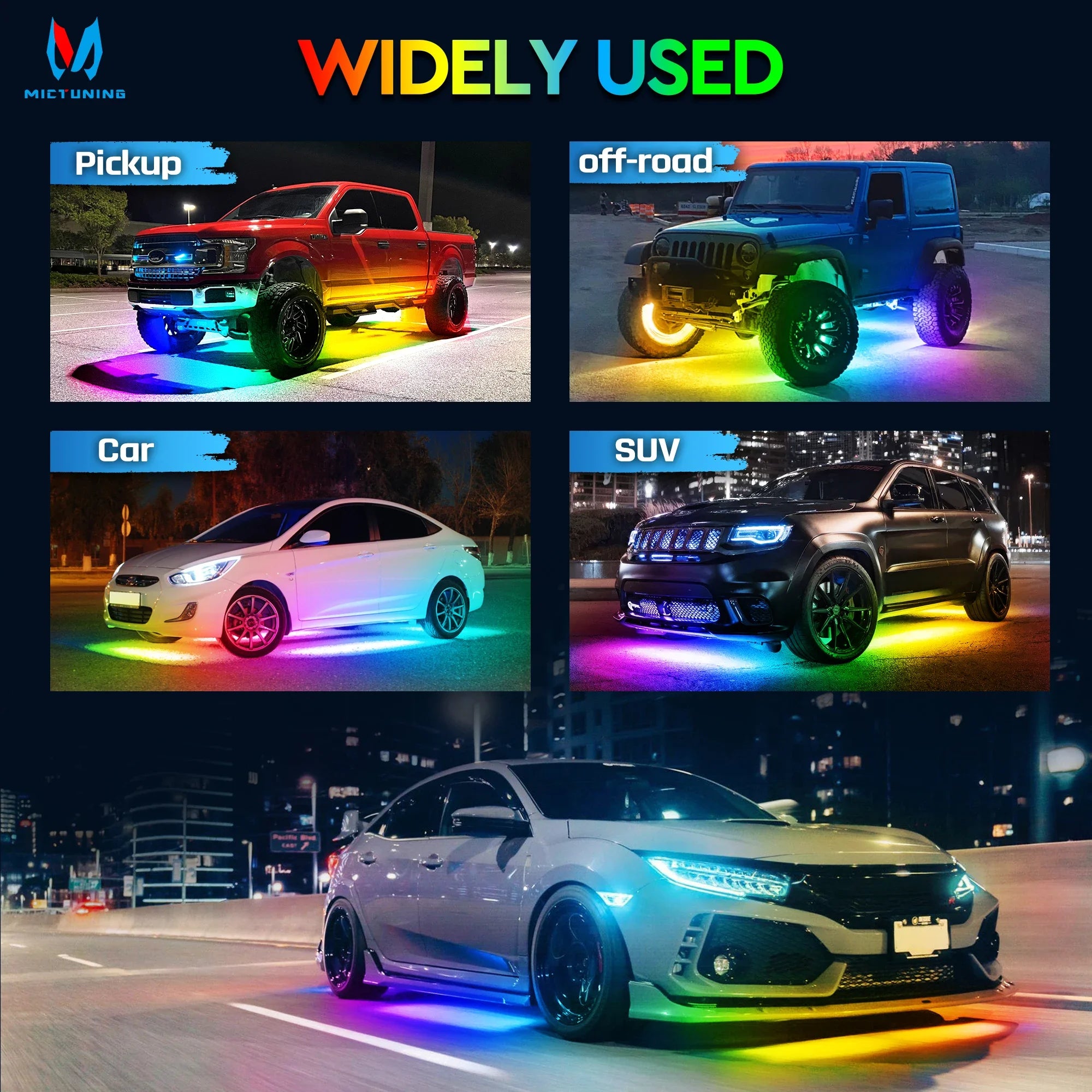 Multi-color LED underglow light strips installed on various vehicles to provide decorative ground illumination.