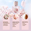 Oriental Cherry Blossom perfume in a ribbed glass bottle, featuring soft pink sakura floral motifs and scent notes.