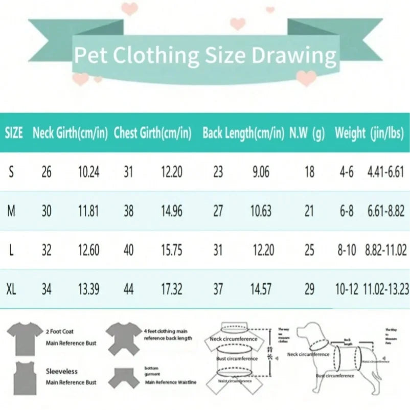 Size guide chart for cute spring princess dog dress and kitten lace skirt for small to medium pets.