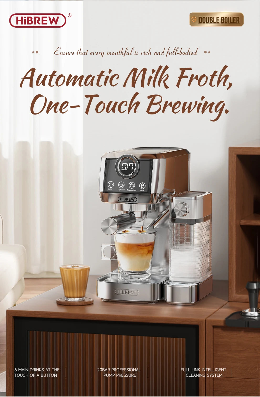 HiBREW stainless steel 20-bar espresso machine with double boiler, digital display, and automatic milk frother.