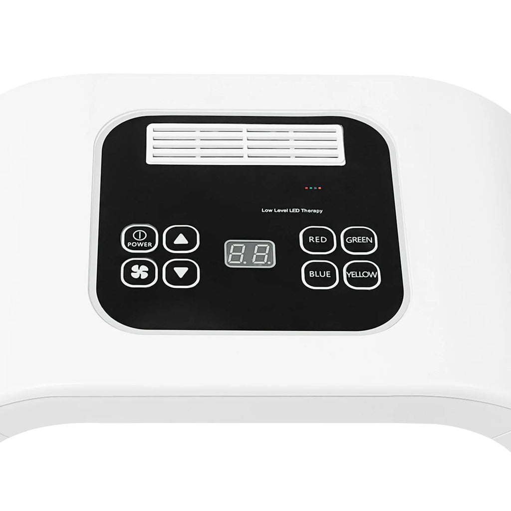 White, arched LED light therapy device with a black control panel featuring digital display and color selection buttons.