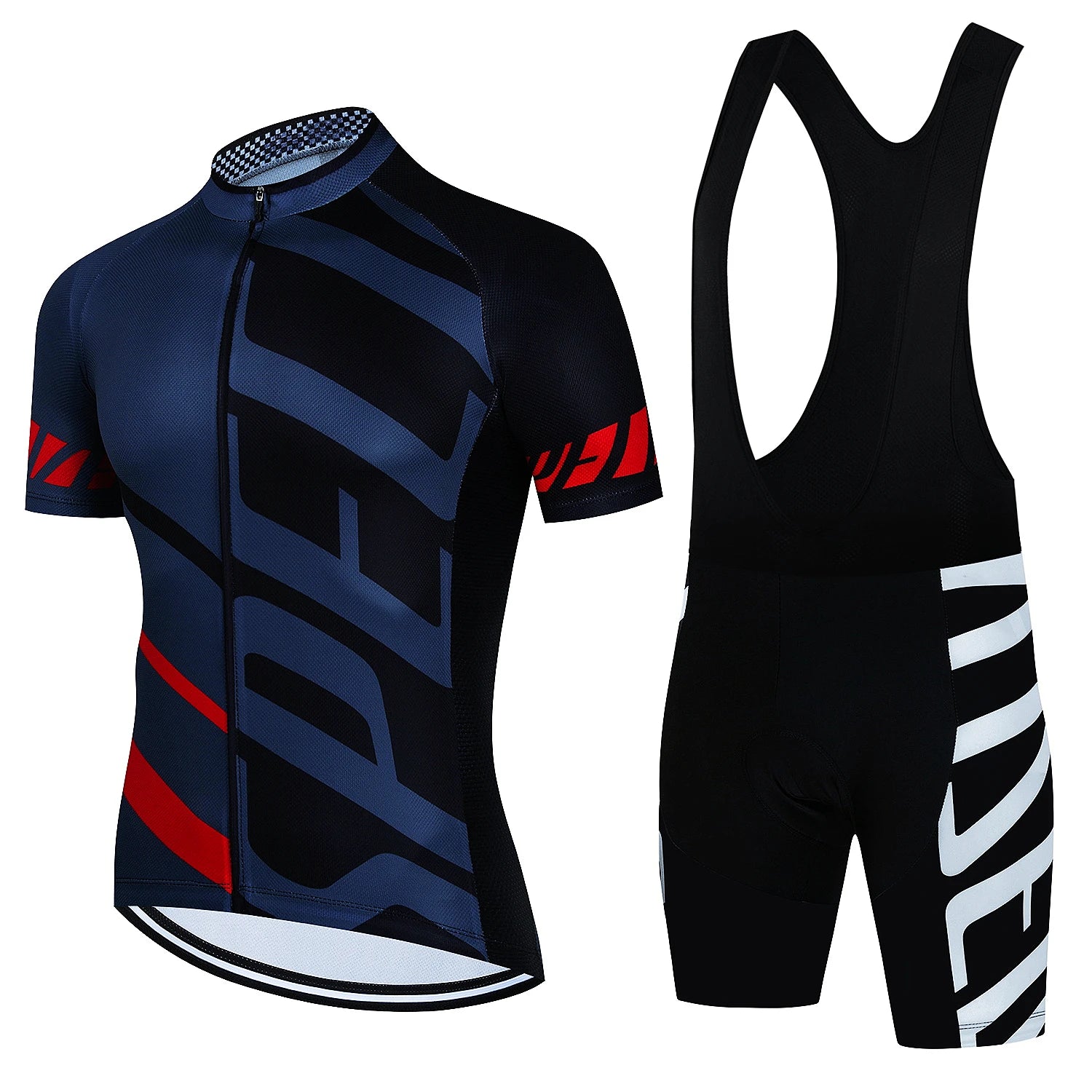 Tidesmit cycling jersey and bib shorts set in black and navy with red accents and white printed branding.