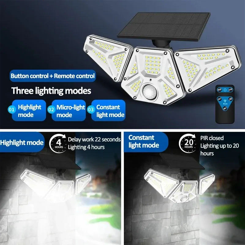 Three lighting modes solar wall light with remote control and illuminated LED heads