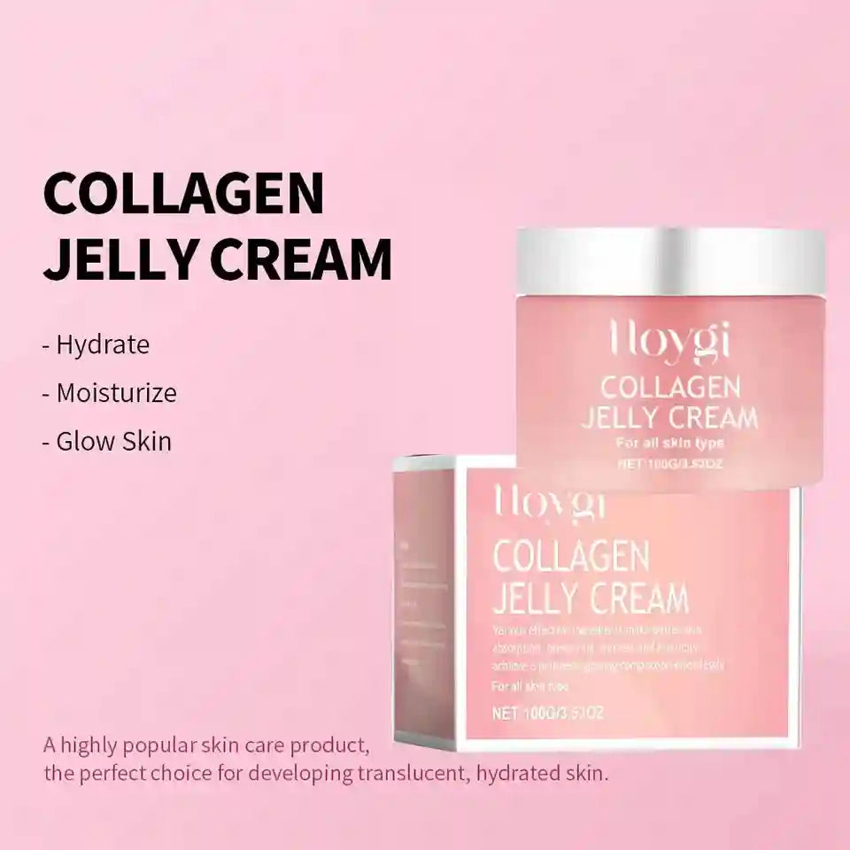 Hoygi Collagen Jelly Cream in a pink jar and matching box, displayed on a light pink background.