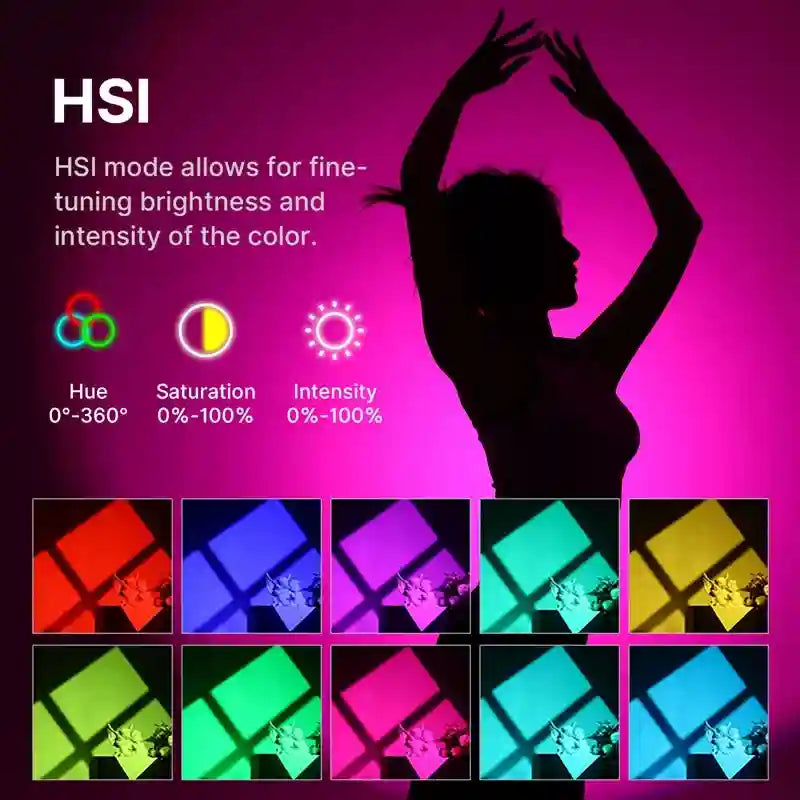 HSI light mode for controlling hue, saturation, and intensity with diverse square-shaped color projections.