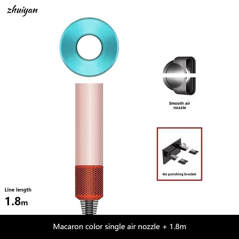 Professional leafless negative ion hair dryer in macaron colors, with smooth air nozzle and wall-mount bracket.