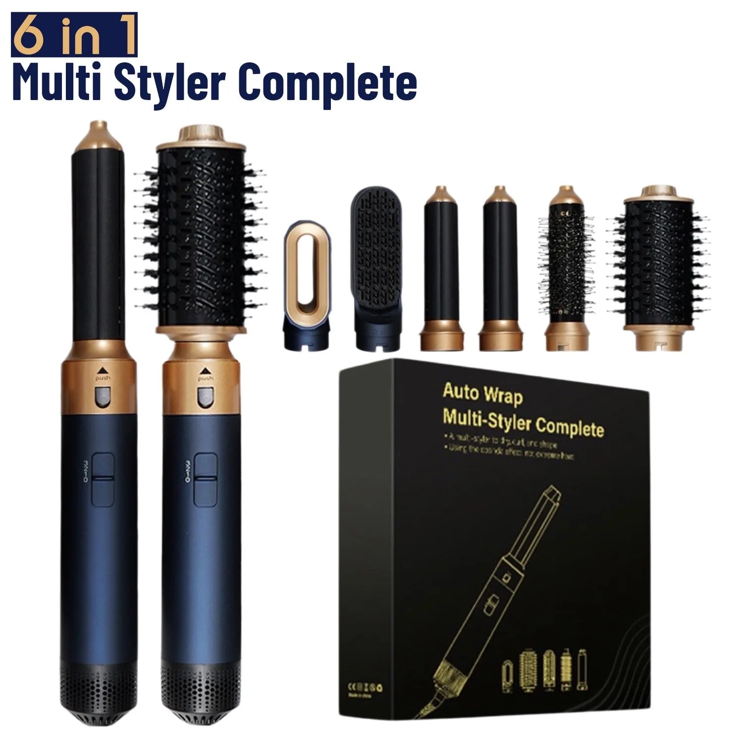 6-in-1 hair dryer multi-styler set in navy and gold with curling iron, straightener, and brush attachments.