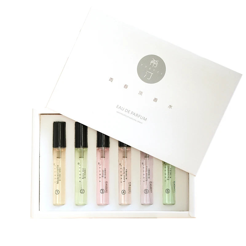 YVETTI Love Series 6pc Eau de Parfum sample gift set, slender glass vials for women, long-lasting floral fragrance.