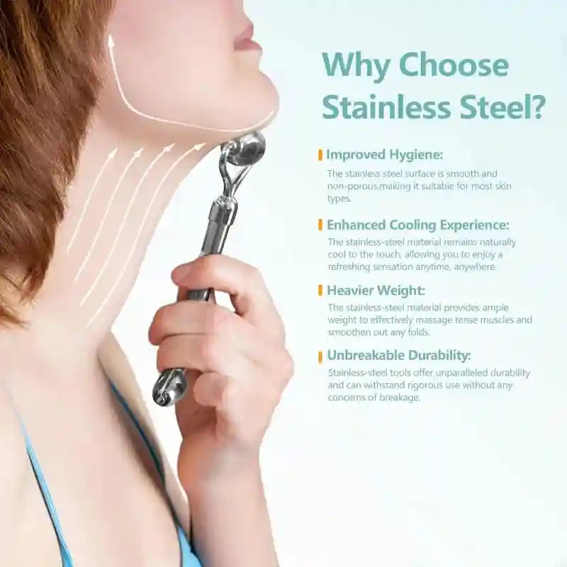 A silver stainless steel facial massage roller being used on a person's jawline, shown next to text benefits.