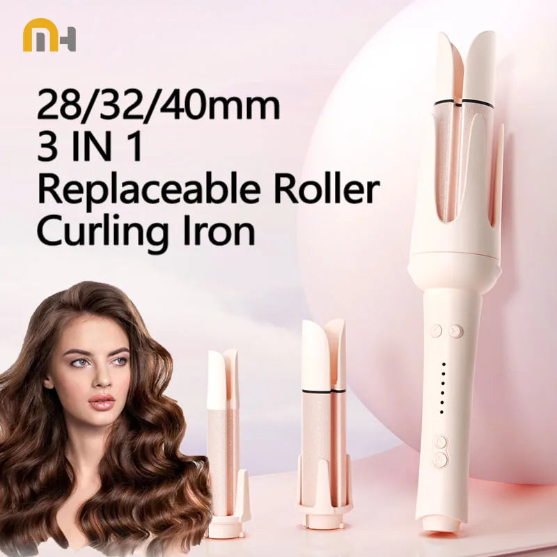 3-in-1 automatic curling iron with 28/32/40mm replaceable pink rollers for tangle-free, ionic hair styling.