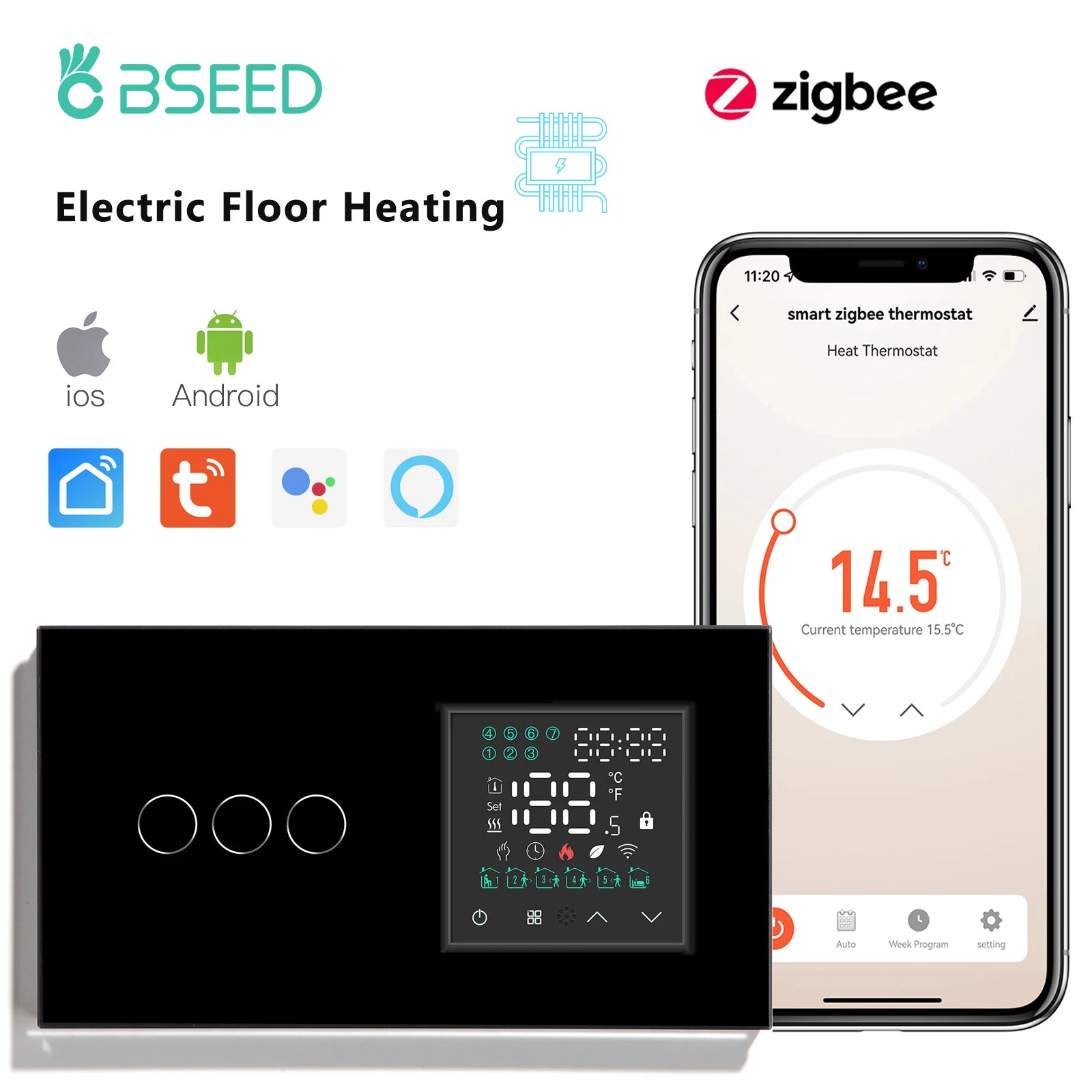 BSEED Zigbee Thermostat LED Touch Screen Switches Electric Floor Heating Room Alexa Temperature Controller Tuya App USB Socket