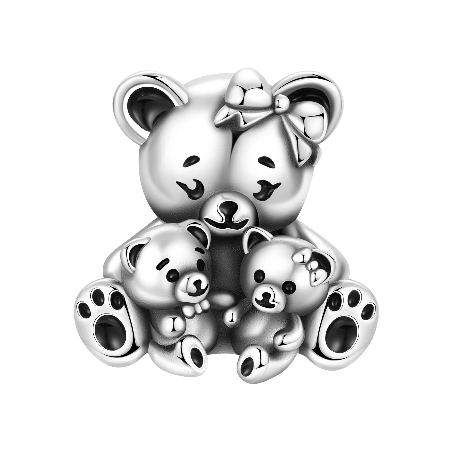 925 sterling silver bear family charm bead with cute bow, perfect for DIY bracelets and personalized jewelry gifts.